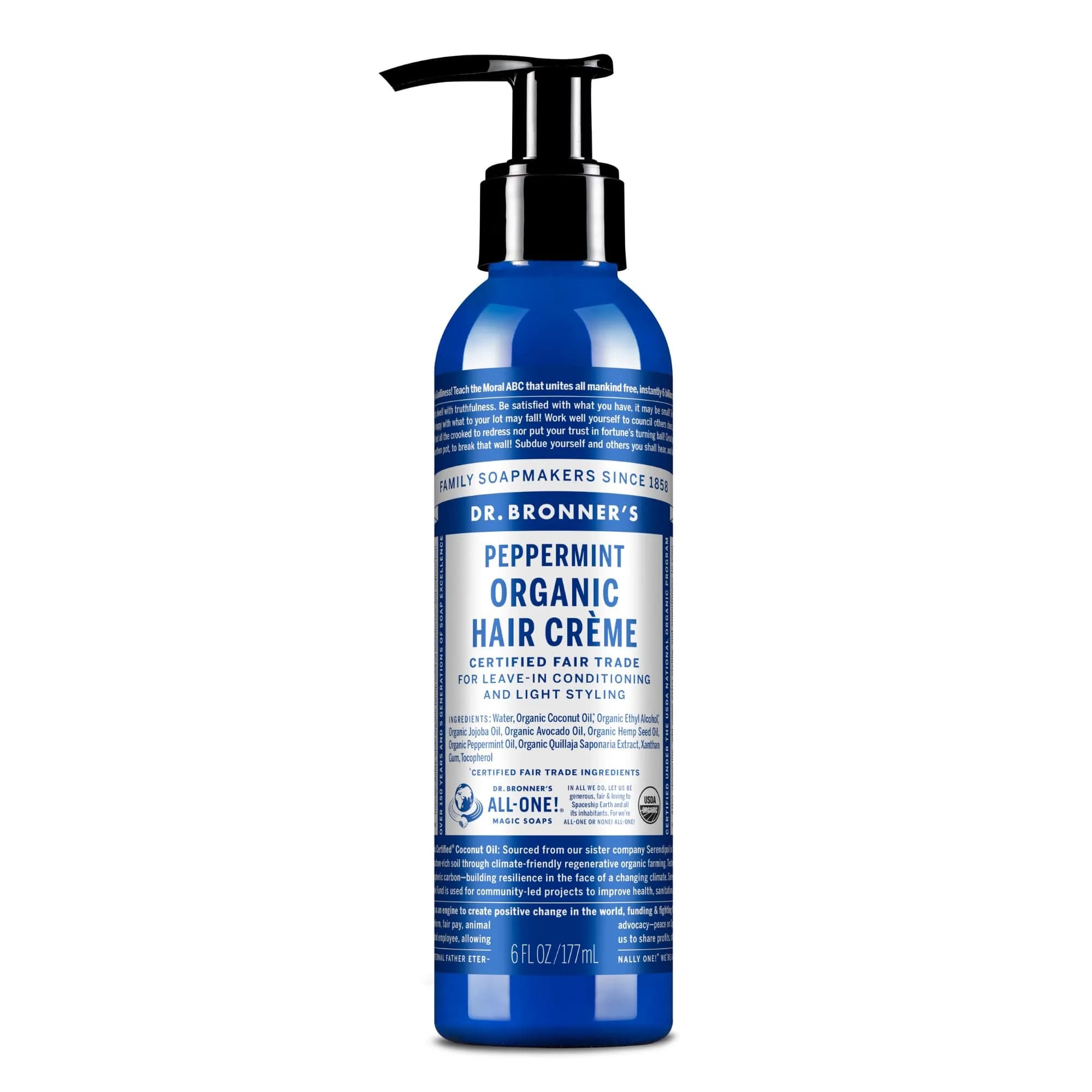 Dr. Bronner's Organic Hair Crème Leave-In Conditioner Styling Cream 177ml (6 fl oz) | USDA Organic & Fair Trade Ingredients — Peppermint / 6 Fl Oz