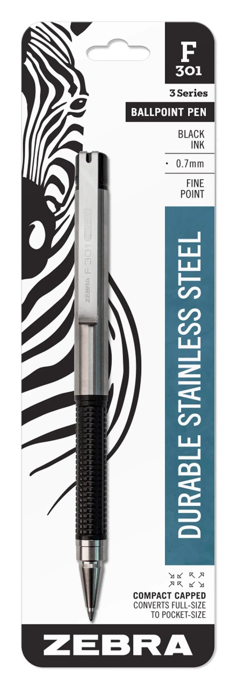 Zebra Pen F-301 Compact Ballpoint Pen Stainless Steel Fine Point 0.7mm Black | Easy-Glide Ink — Black