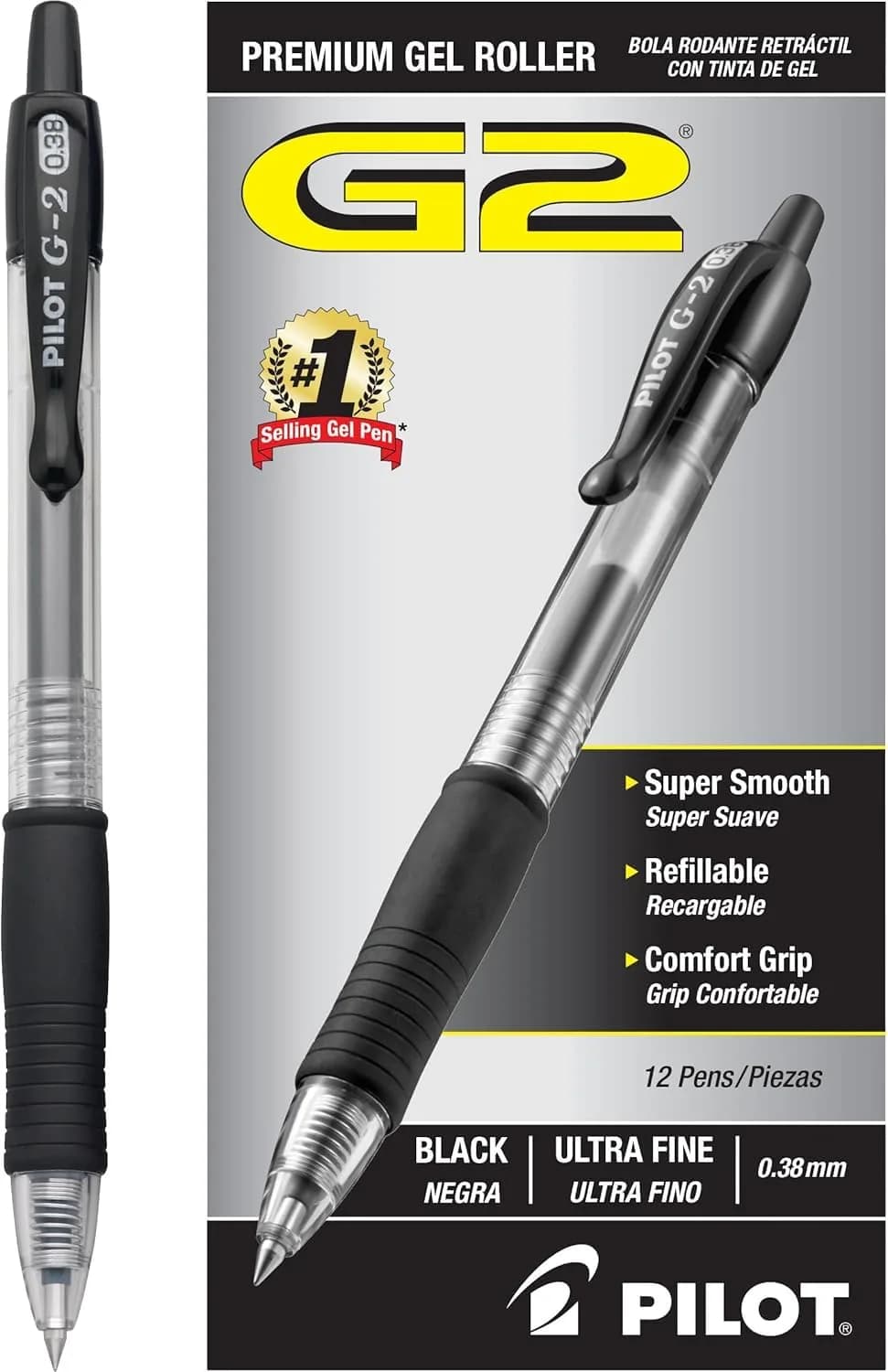 PILOT G2 Premium Retractable Gel Pens, 0.38mm Ultra Fine Point, Black Ink, 12-Pack | Smooth Writing Instrument for Students & Professionals