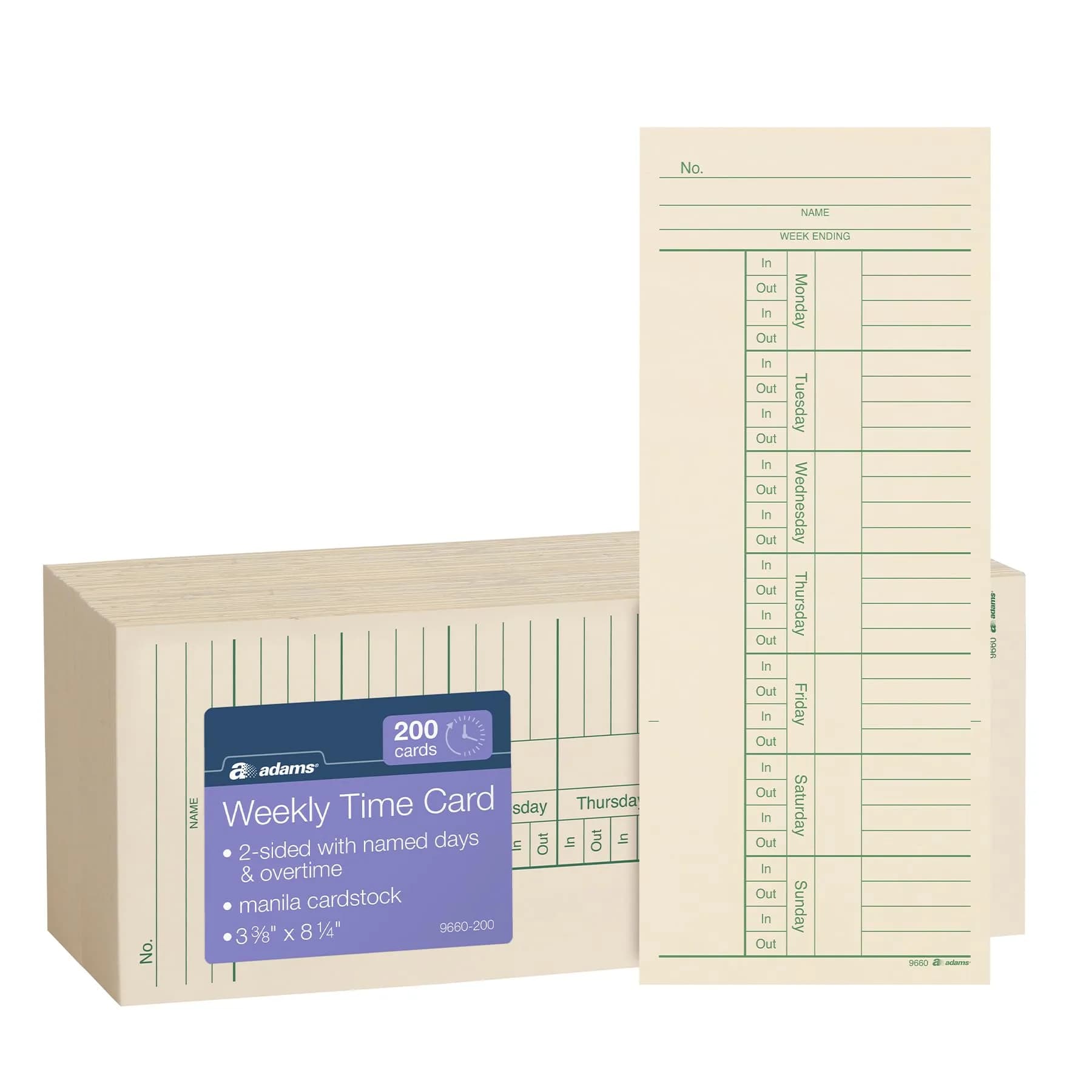 Adams Time Cards Weekly 2-Sided 3-3/8" x 8-1/4" Manila Green/Red Print | Professional Time Tracking Tool - main product image