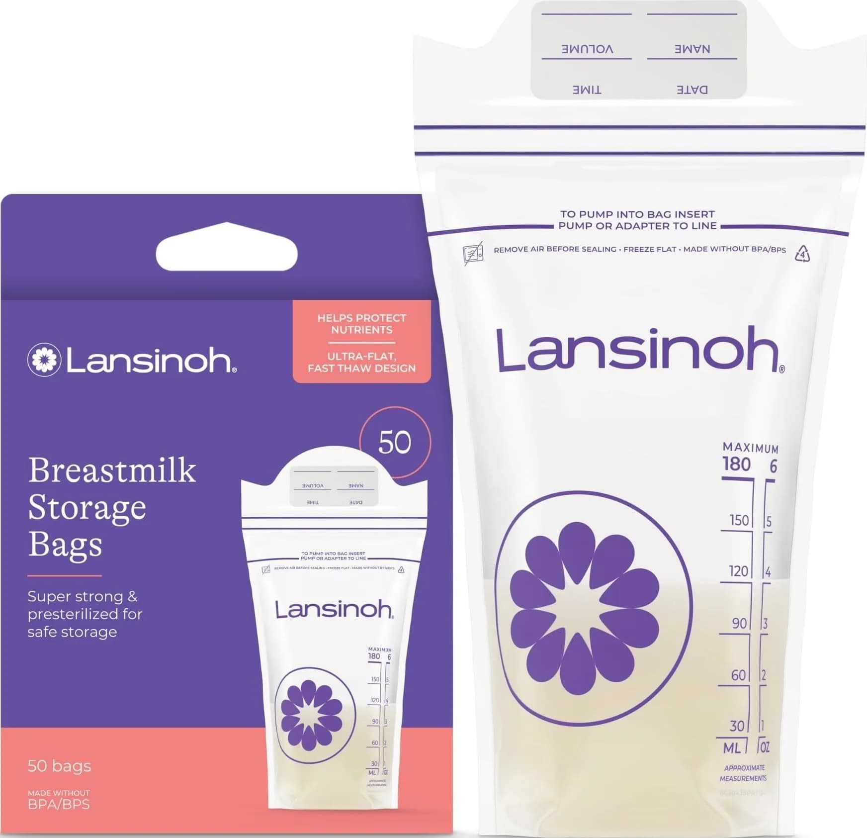 Lansinoh Breastmilk Storage Bags 6oz (177ml) 50 Count | BPA/BPS-Free Double Zipper Seal - main product image