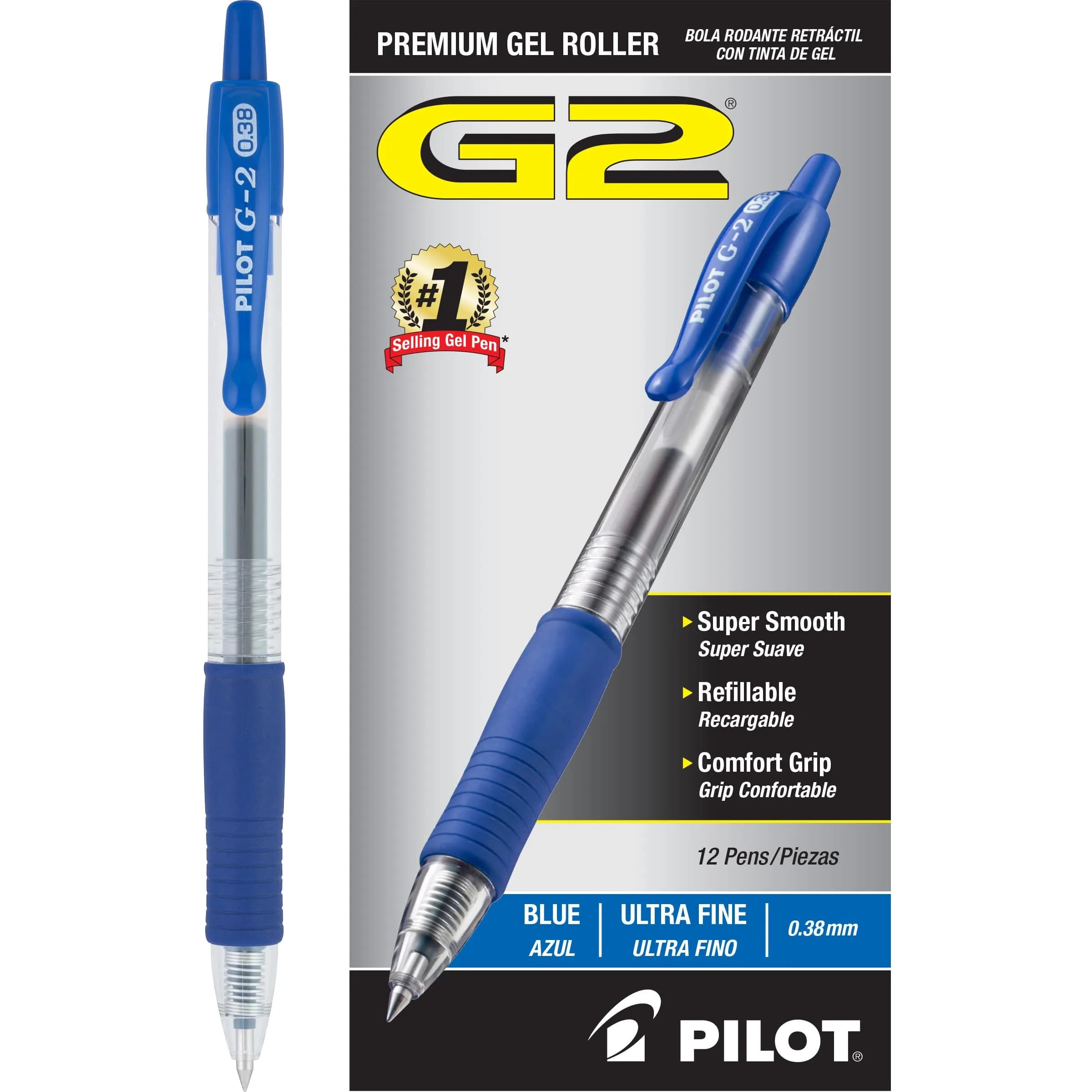 PILOT G2 Premium Retractable Gel Pens, 0.38mm Ultra Fine Point, Black Ink, 12-Pack | Smooth Writing Instrument for Students & Professionals — Blue Ink