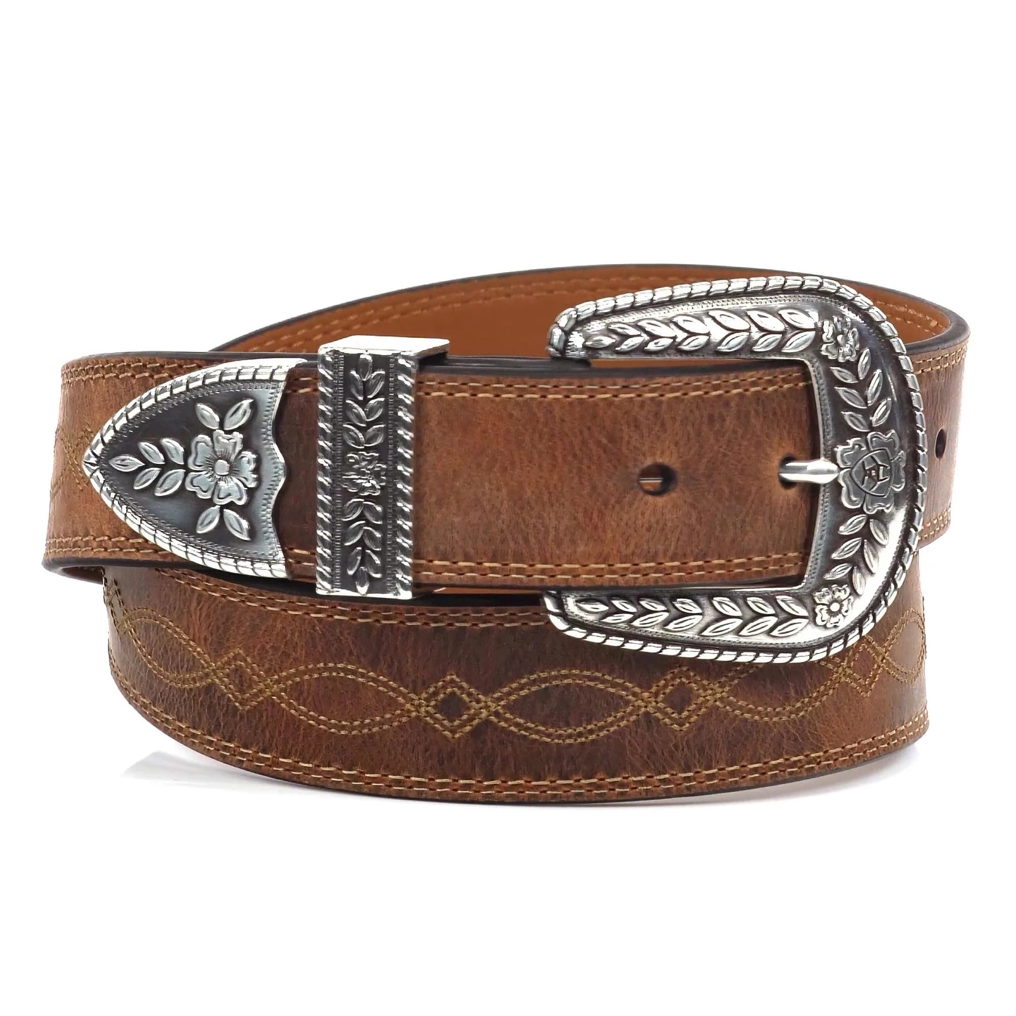 ARIAT Women's Center Stitch Leather Belt 36 | Western Style, Silver Buckle, Brown Leather - main product image