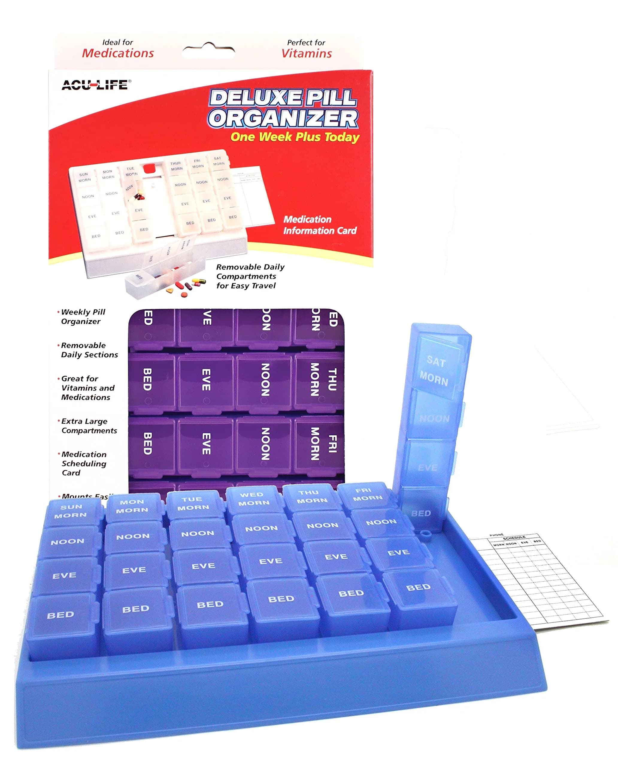 Acu-Life Weekly 7-Day Pill Organizer Large Medicine Case | 7 Compartments, Travel-Friendly — Color May Vary / One Week + Today