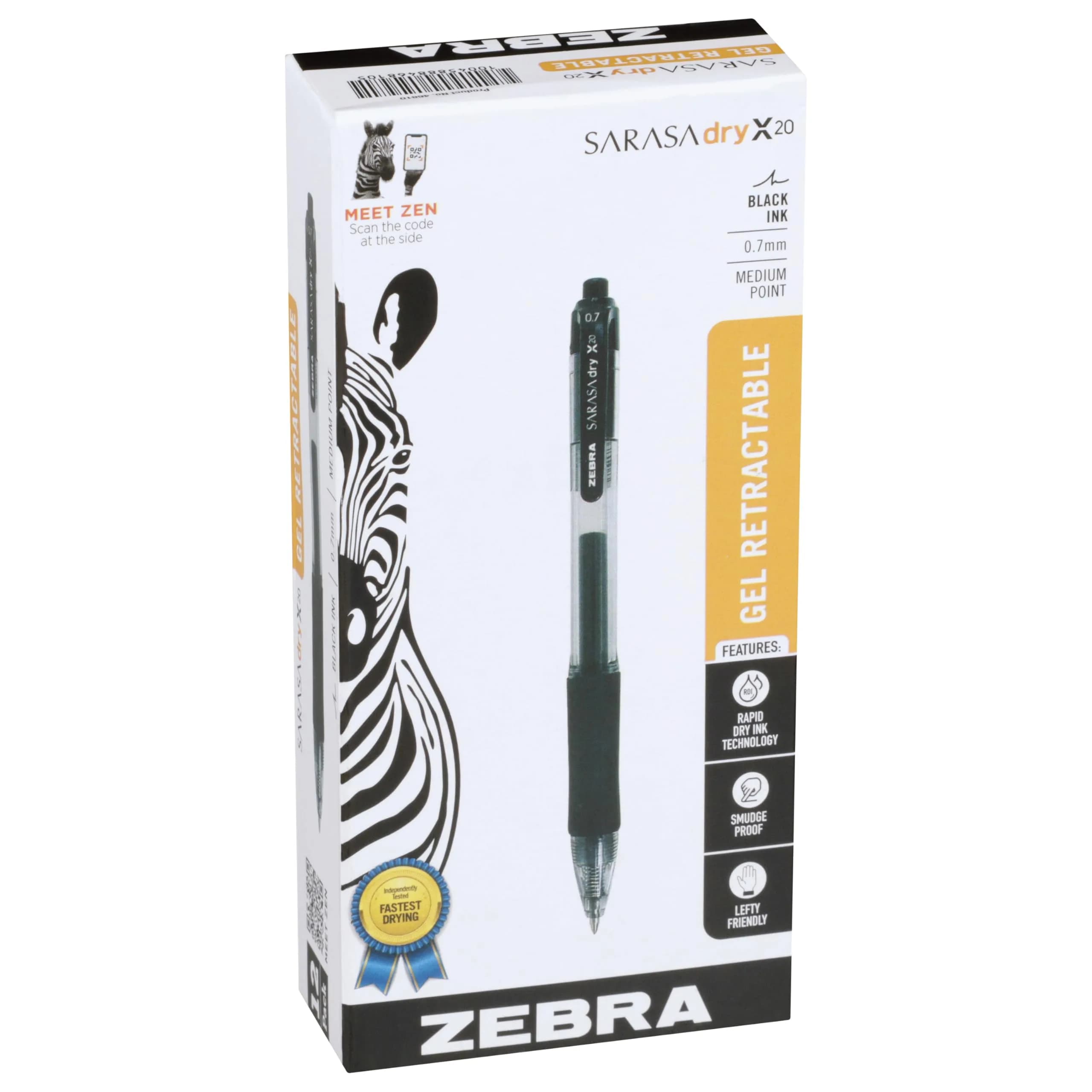 Zebra Pen SARASA Dry X20 Retractable Gel Pen 0.7mm (12-Pack, Black Ink) | Rapid Dry Ink, Smear-Resistant, Ideal for Left-Handed Writers