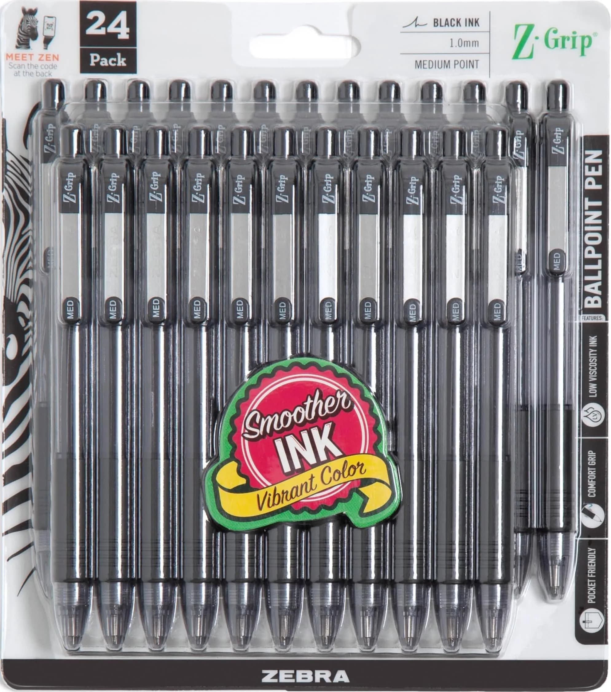 Zebra Pen Z-Grip Retractable Ballpoint Pens, Black Ink, 1.0mm Medium Point, 48 Bulk-Pack | Smooth Writing for Students & Professionals — Black G