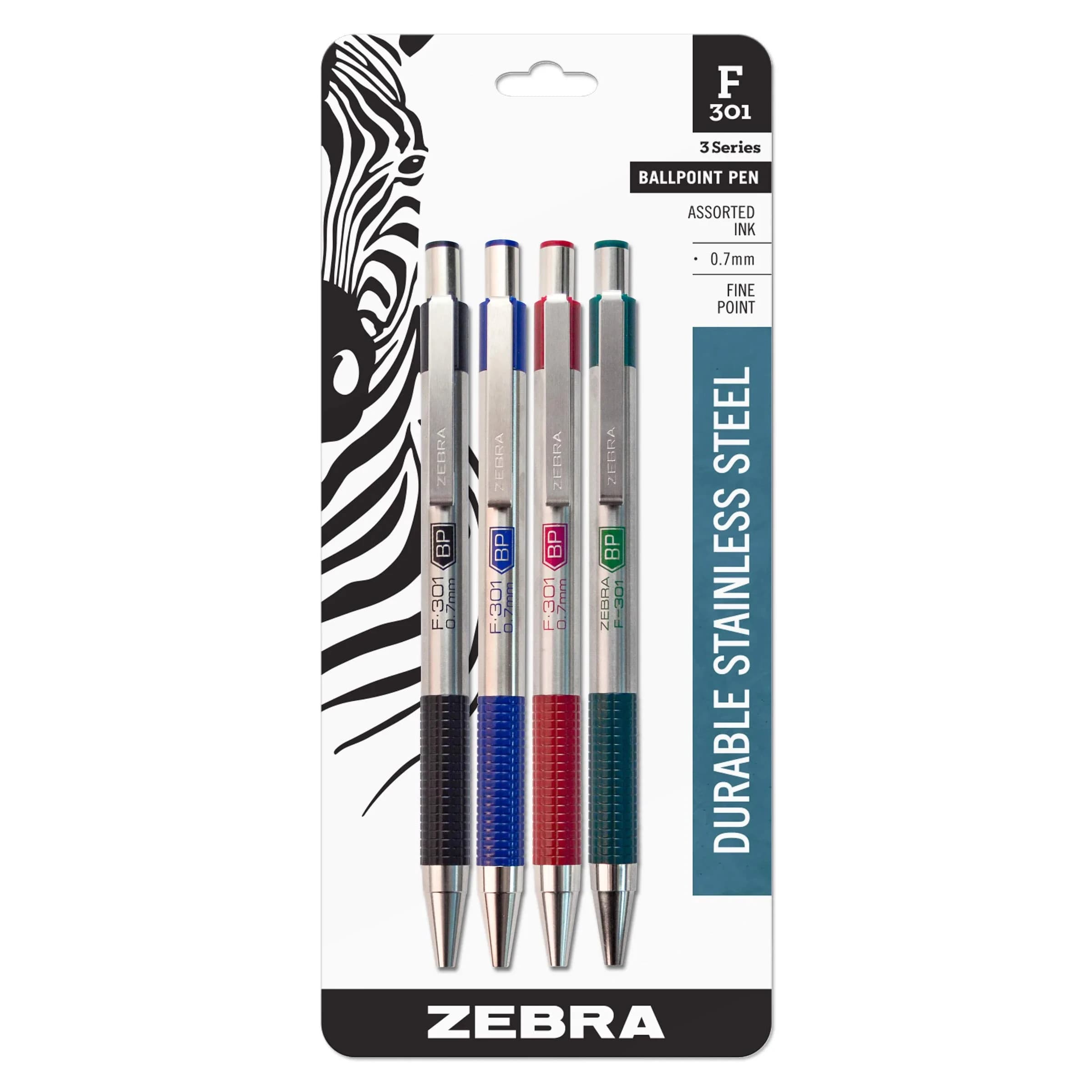 Zebra Pen F-301 Signature Series Retractable Ballpoint Pen, 0.7mm, Black Ink, Sage Earth Tone Accents with Blue C Barrel, 4-Pack — Black/Blue/Red/Green / 4