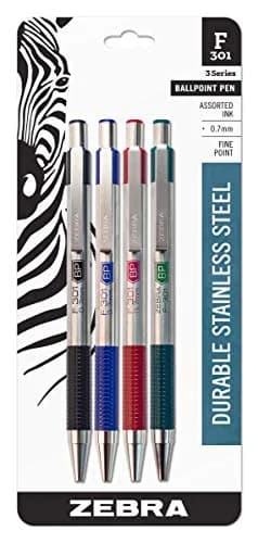 Zebra Pen F-301 Signature Series Retractable Ballpoint Pen Set - Black, Blue, Red & Green Ink, Stainless-Steel Barrel, 4-Pack thumbnail 1
