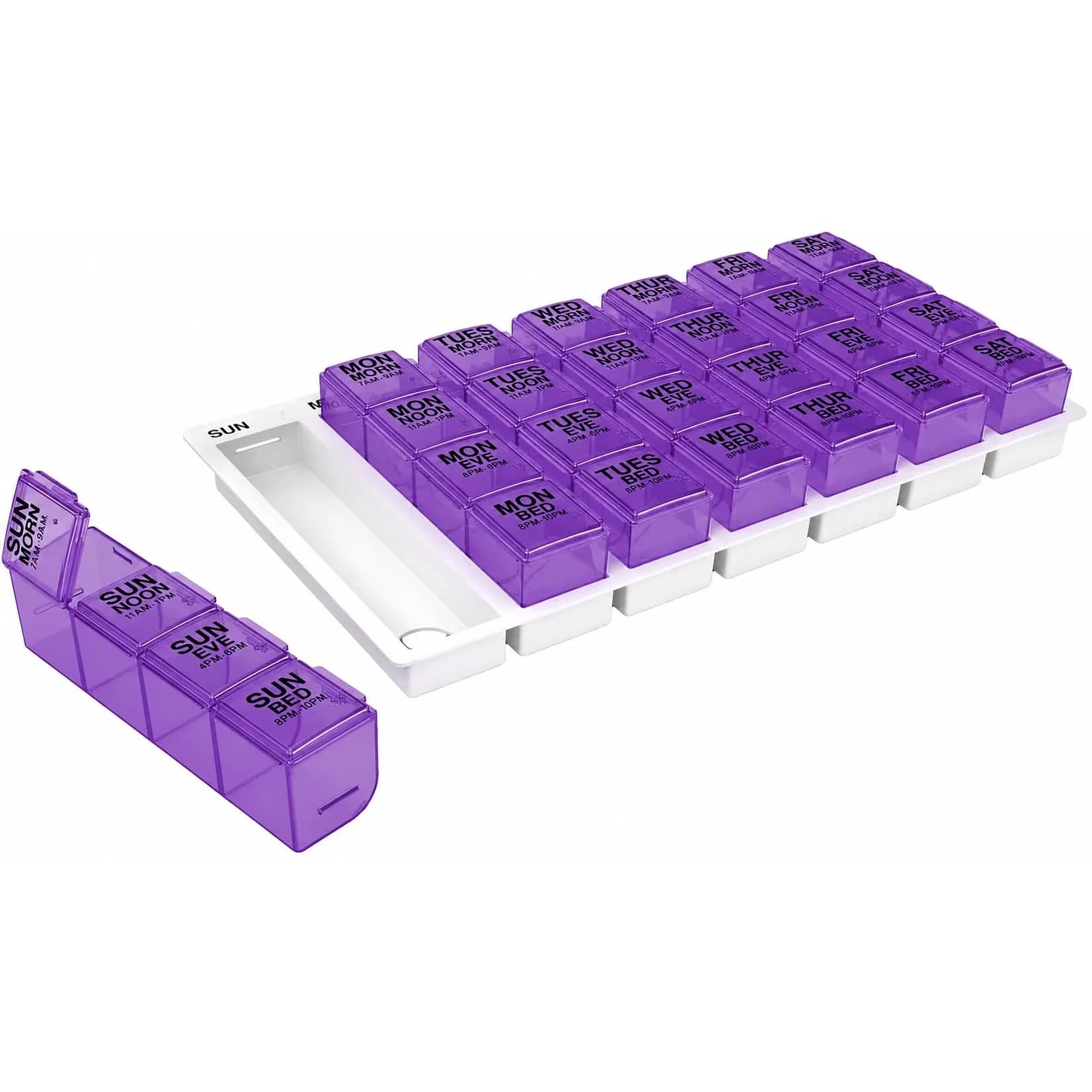 EZY DOSE Pop-Out Daily 7-Day Pill Organizer, Large Purple | 4 Doses/Day, Removable Compartments — Color May Vary