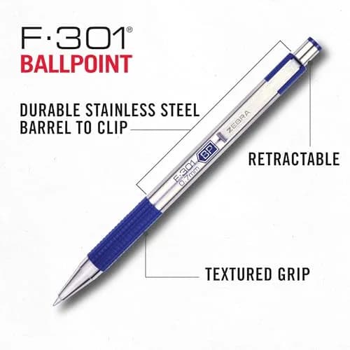 Zebra Pen F-301 Signature Series Retractable Ballpoint Pen, 0.7mm Black Ink, Blue D Barrel, Single Pen thumbnail 4