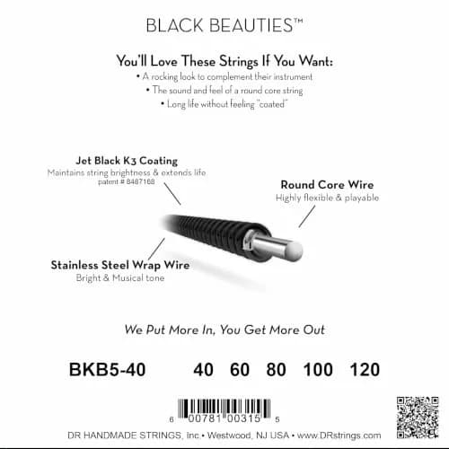 DR Strings BLACK BEAUTIES Coated Steel Bass Strings (40-120) — 5 Strings, Long-Lasting Tone & Bold Style thumbnail 2
