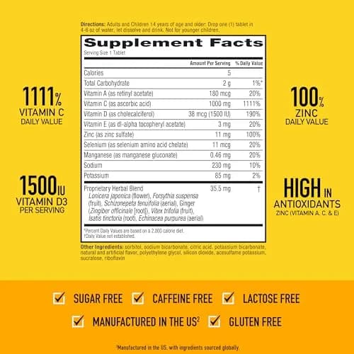 Airborne Immune Support Effervescent Tablets Zesty Orange 10 Count (10 Tablets) | 1000mg Vitamin C + Vitamins A, D, E, Zinc, Selenium, Manganese & Herbal Blend thumbnail 4