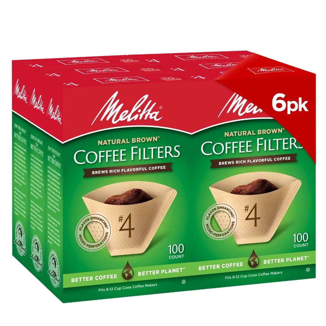 Melitta #4 Unbleached Coffee Filters, Natural Brown Cone Filters, 100 Count (Pack of 6) | Flavor-Enhancing Microfine Perforations
