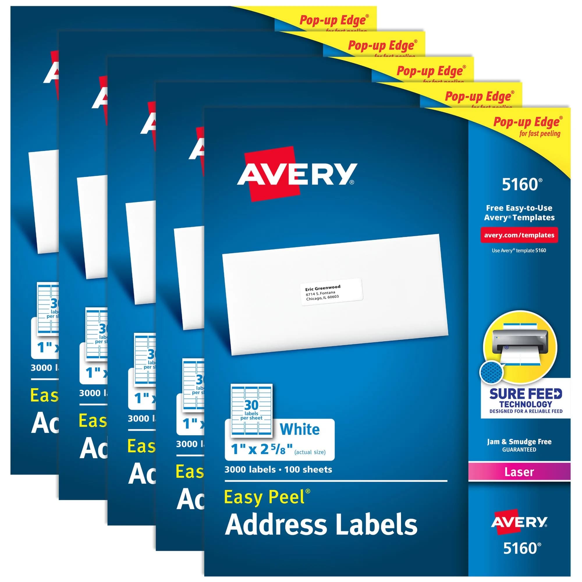 Avery Printable Address Labels with Sure Feed, 1" x 2-5/8" White Labels, 15,000 Labels (5 Packs of 3,000) | Customizable Stickers for Mailing & Shipping