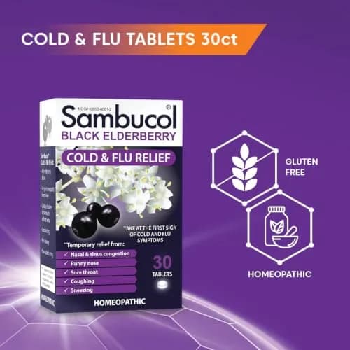 Sambucol Cold and Flu Relief Tablets - 30 Count | Fast-Dissolving Elderberry Remedy for Adults & Kids thumbnail 4