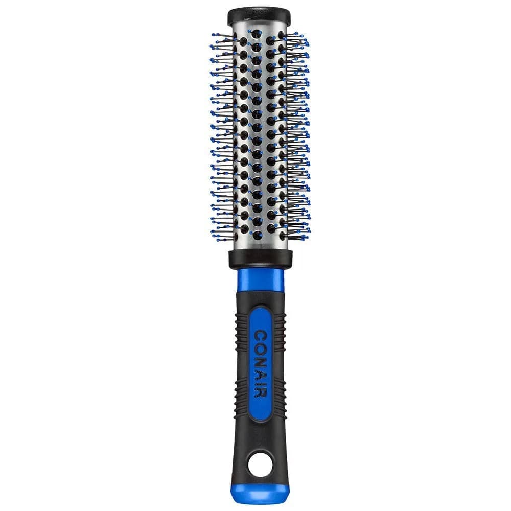 Conair Grip & Style Metal Round Brush, Nylon Bristle Hair Brush for Blowout Styling, For Short Hair Lengths, 1.375 inch Barrel — Black / Teal