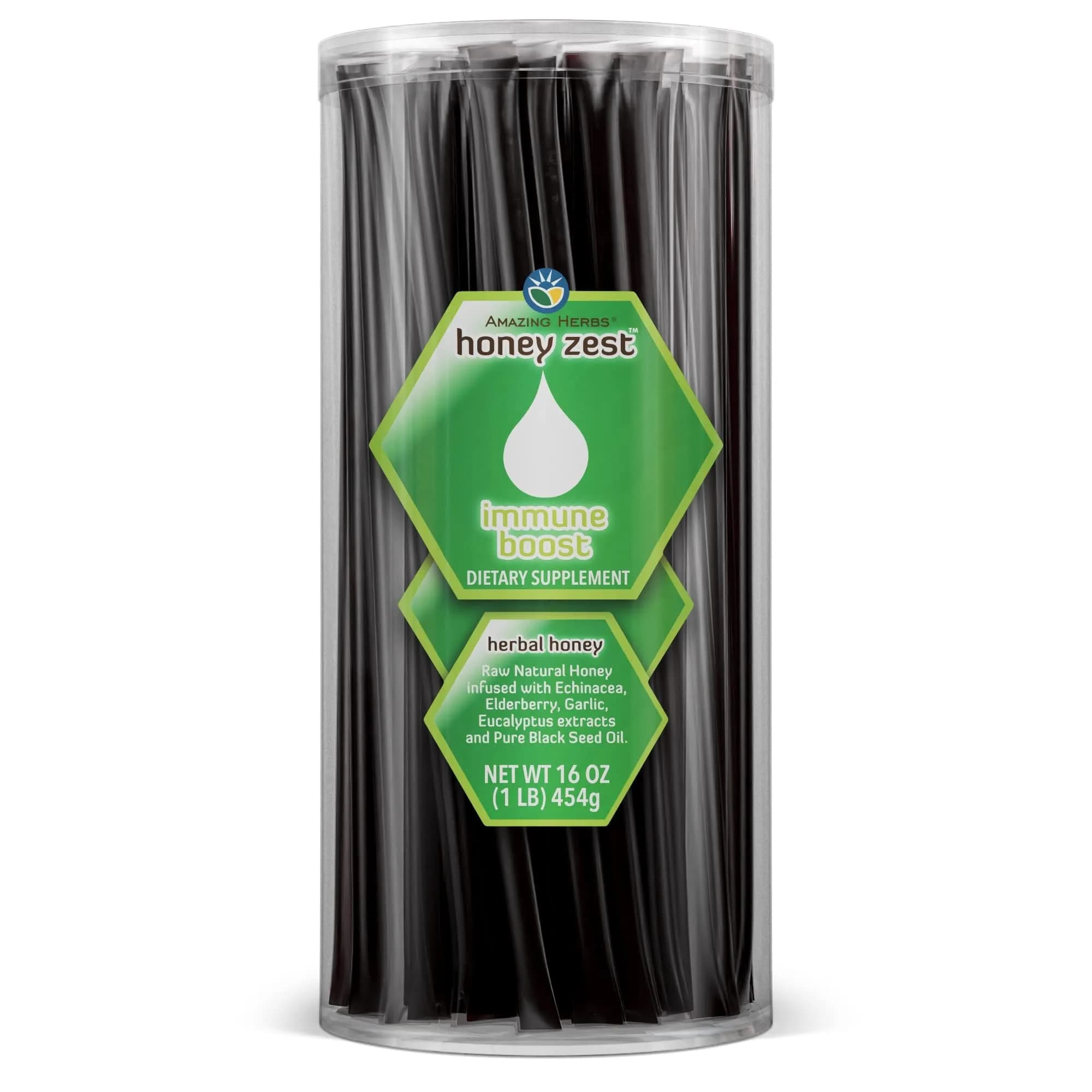 Amazing Herbs Natural Honey Sticks with Black Seed Oil, Ginseng & Ginger 12 Count (5g Each) | Gluten-Free Dietary Supplement — Honey + Echinacea