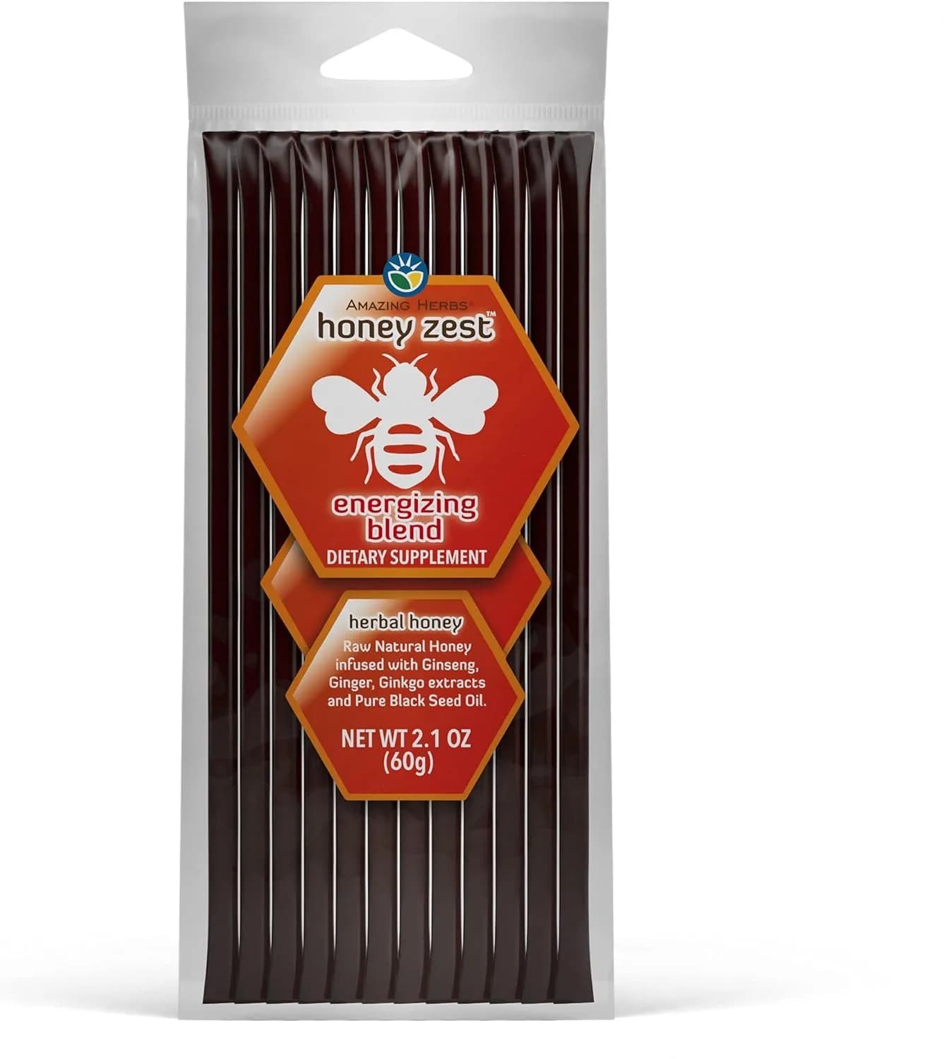 Amazing Herbs Natural Honey Sticks with Black Seed Oil, Ginseng & Ginger 12 Count (5g Each) | Gluten-Free Dietary Supplement — Honey + Ginseng