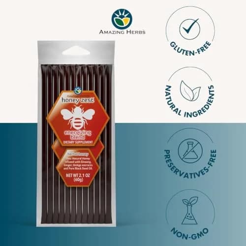 Amazing Herbs Natural Honey Sticks with Black Seed Oil, Ginseng & Ginger 12 Count (5g Each) | Gluten-Free Dietary Supplement thumbnail 3