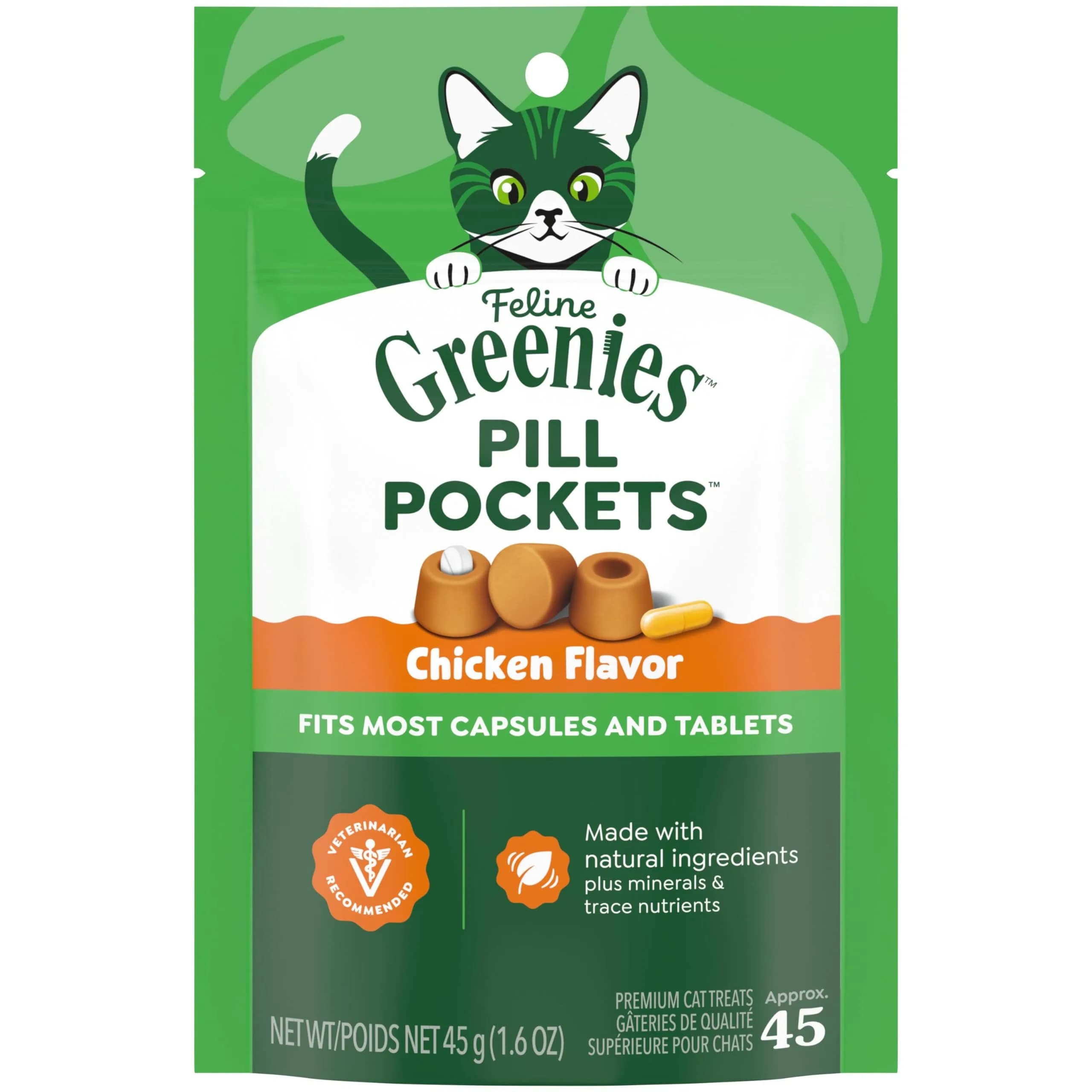Greenies Feline Pill Pockets Soft Cat Treats, Chicken Flavor, 45 Count | Vet-Recommended Pill Hiding Treat