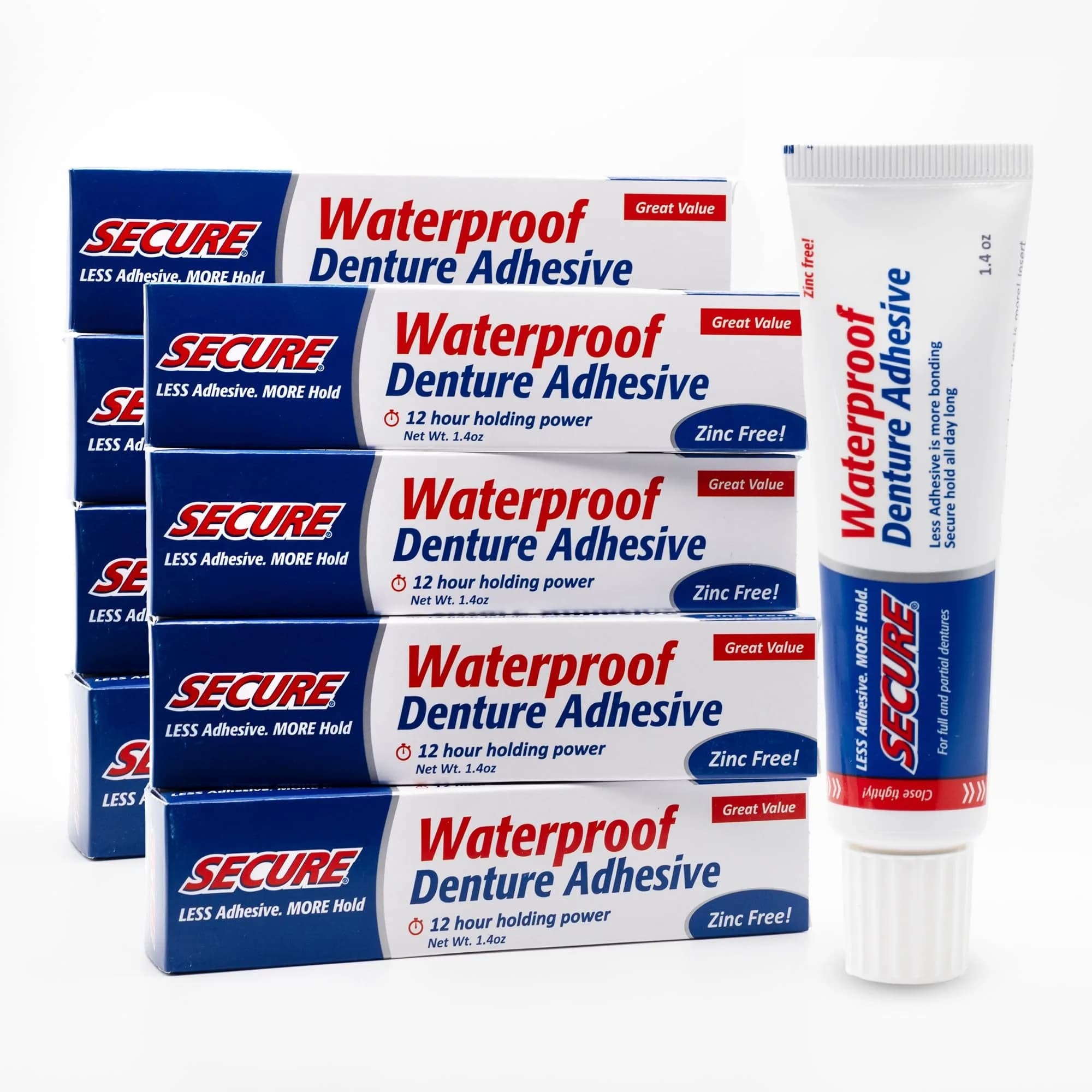 Secure Denture Adhesive Cream 11.2 oz (8 x 1.4 oz Tubes) | Waterproof Seal, Zinc-Free, Food Grade Ingredients