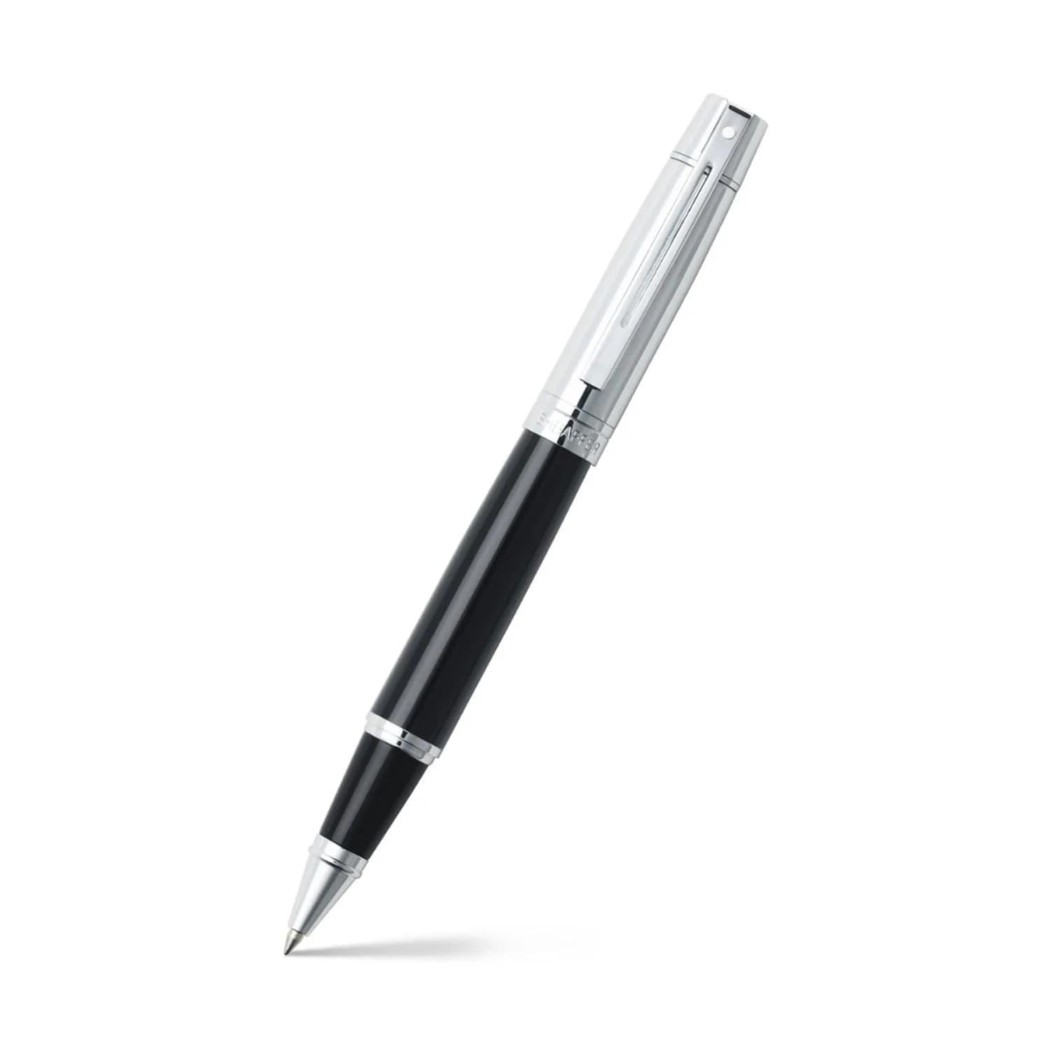 Sheaffer 300 Glossy Black Rollerball Pen with Chrome-Plated Trim | Elegant Design & Refillable — Bright Chrome Cap