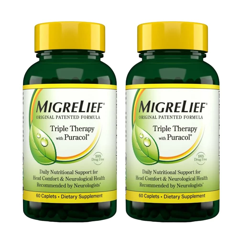 MigreLief Original Triple Therapy with Puracol - Nutritional Support for Migraine Sufferers (2 Pack) | Effective, Non-GMO, USA Made