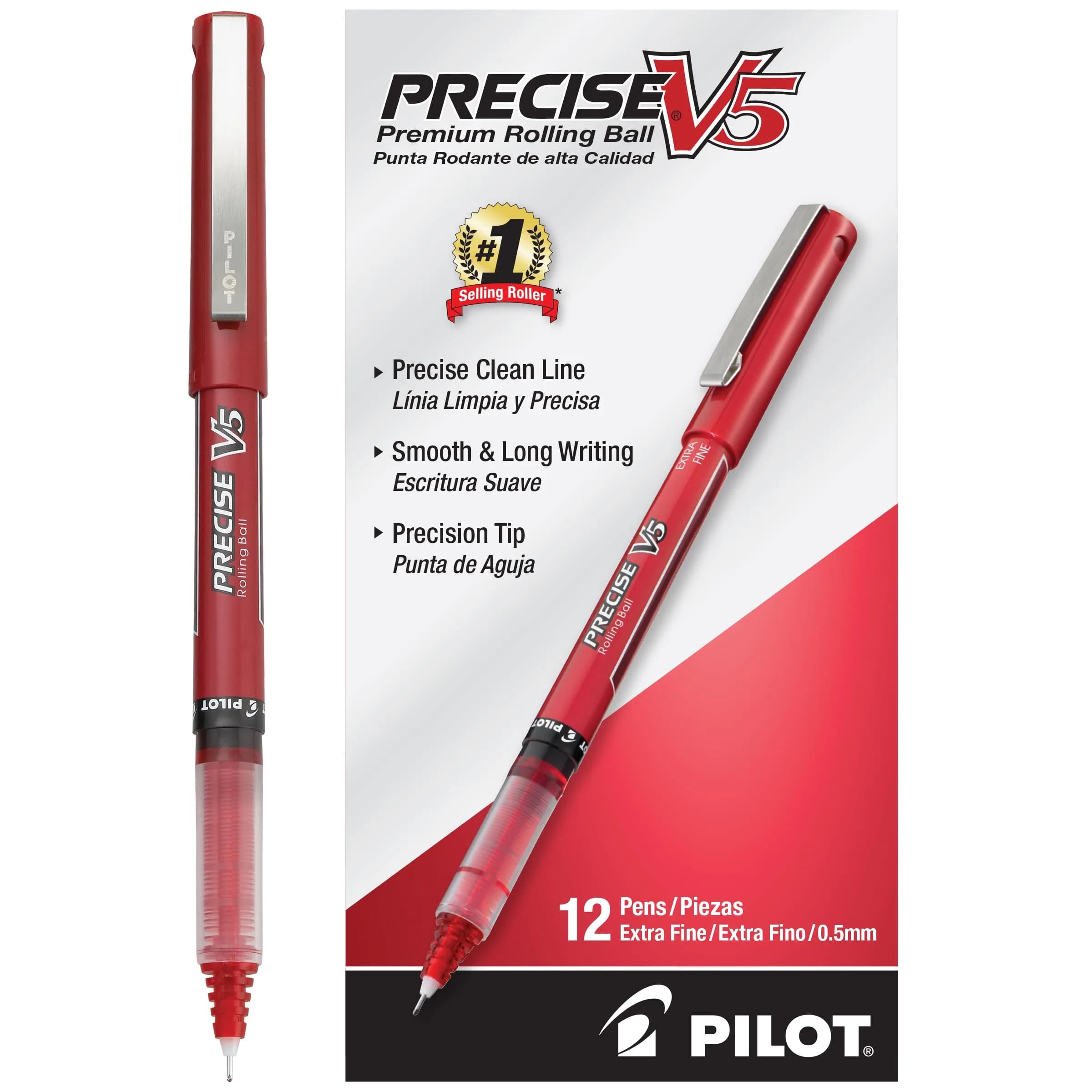 PILOT Precise V5 Stick Pens Extra Fine Point 0.5mm Red 12-Pack | Smooth Liquid Ink Rollerball Pens
