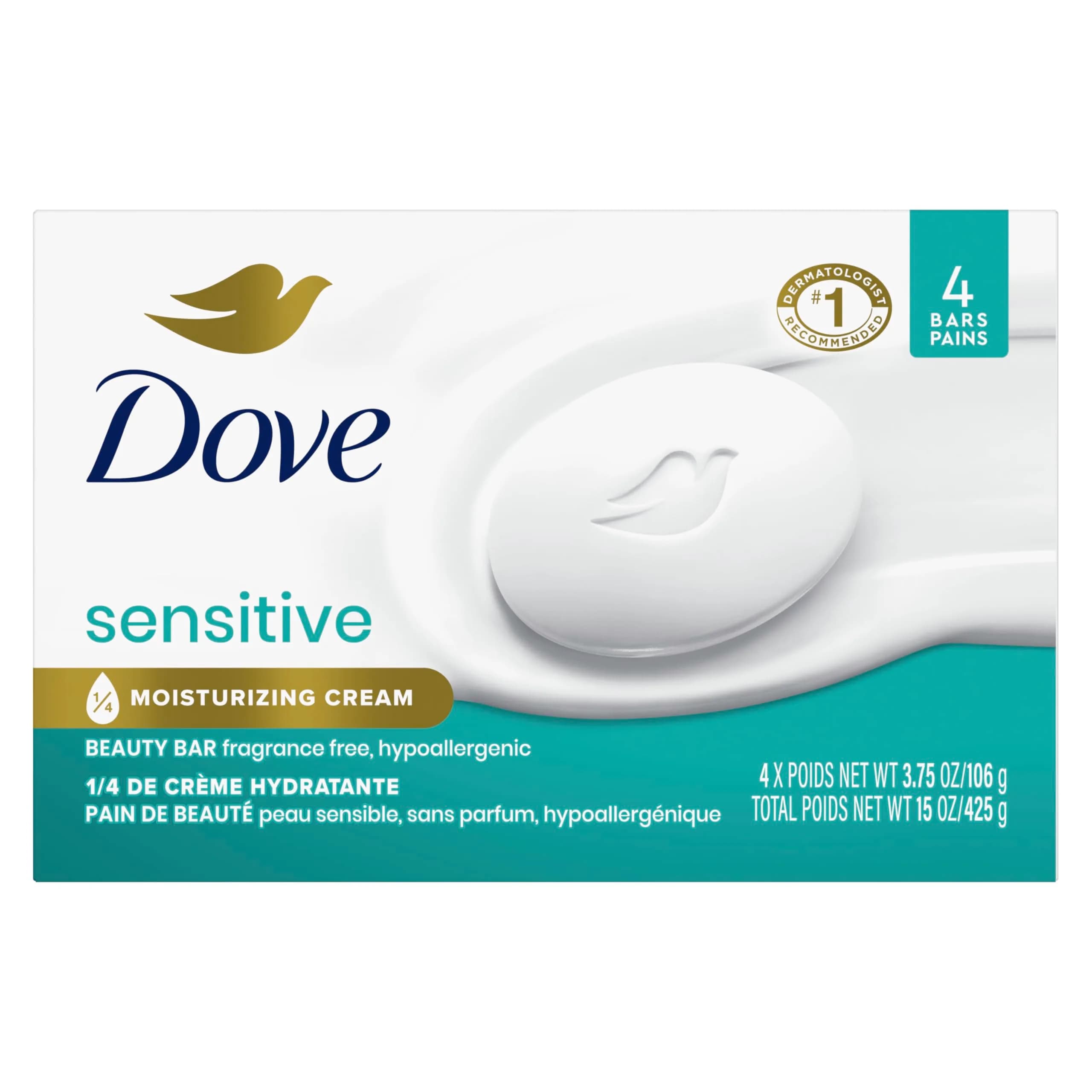 Dove Sensitive Skin Beauty Bar Soap 4 Bars (15 oz Total) | Hypoallergenic & Fragrance-Free Cleanser - main product image