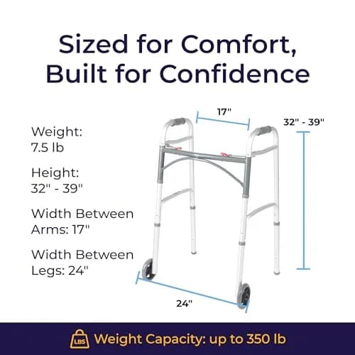 Drive Medical Two-Button Folding Walker with Wheels & Adjustable Height | Lightweight Aluminum Frame thumbnail 7