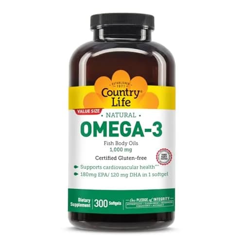 Country Life Omega-3 Fish Oil 1,000 mg | 180 mg EPA/120 mg DHA | 300 Softgels | Heart & Brain Support thumbnail 1