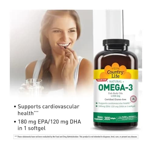 Country Life Omega-3 Fish Oil 1,000 mg | 180 mg EPA/120 mg DHA | 300 Softgels | Heart & Brain Support thumbnail 2