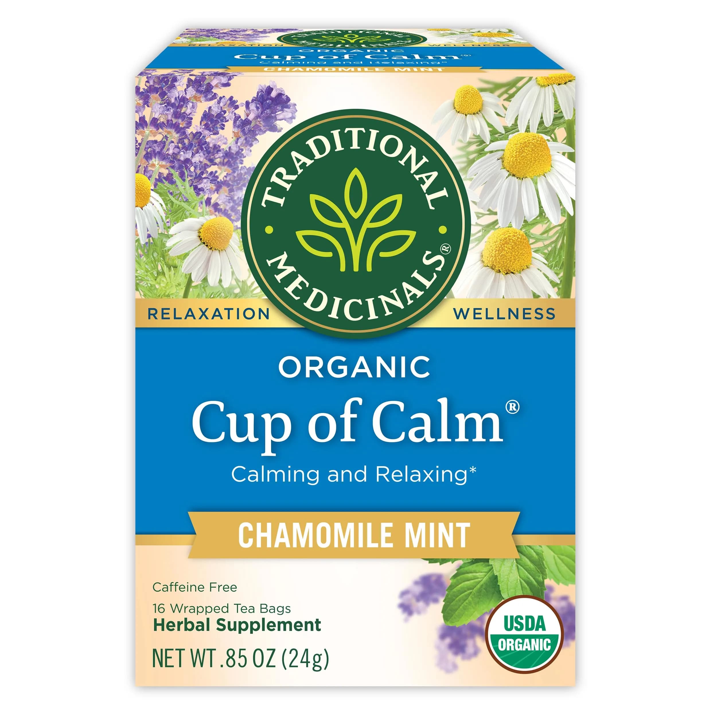 Traditional Medicinals Organic Stress Ease Tension Relief Lemon Verbena Mint Tea 16 Tea Bags | Supports Stress Relief — Chamomile Mint