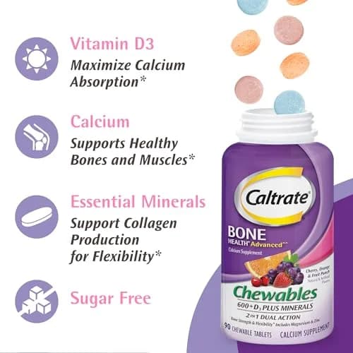 Caltrate Chewables 600 Plus D3 Vitamin D and Calcium Supplement | Sugar Free, Bone & Muscle Support thumbnail 6