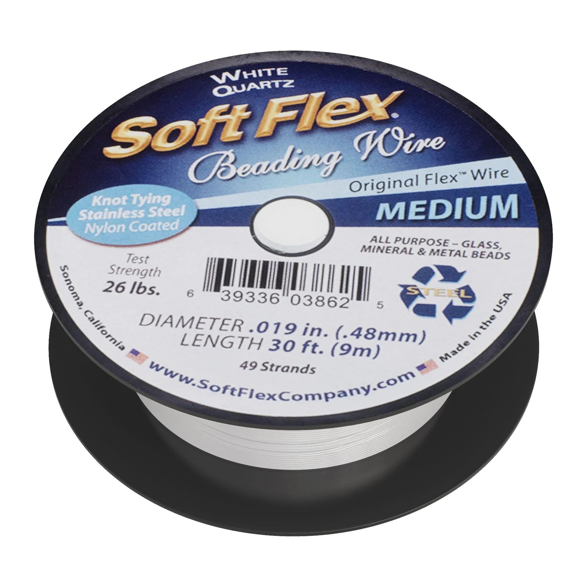Soft Flex 49 Strand Beading Wire - 0.19mm (0.005 inch) Diameter, 9.14m (30 Feet) Nylon Design Wire | Easy to Knot, Anti-Kink — White