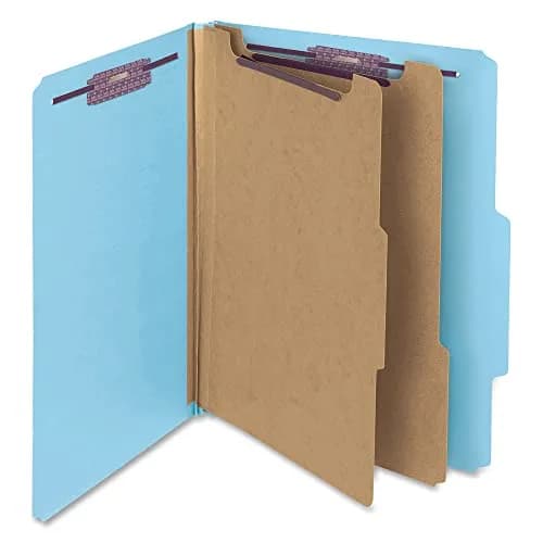 Smead Pressboard Classification File Folder with SafeSHIELD Fasteners, 2 Dividers, 2" Expansion, Letter Size, Blue, 10 per Box | 25.9cm x 30.7cm x 6.4cm thumbnail 1