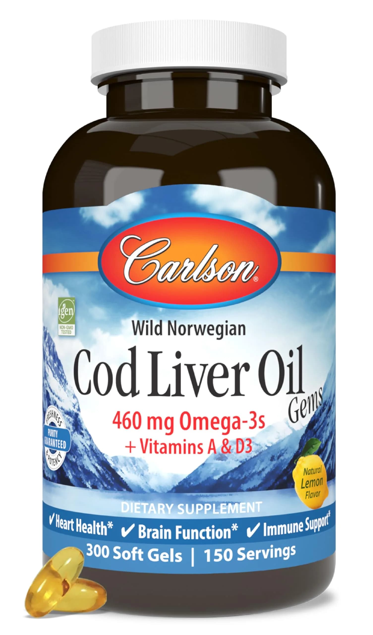 Carlson Cod Liver Oil Gems, 460 mg | Omega-3s, Lemon, 300 Softgels | Heart, Brain & Immunity Support - main product image