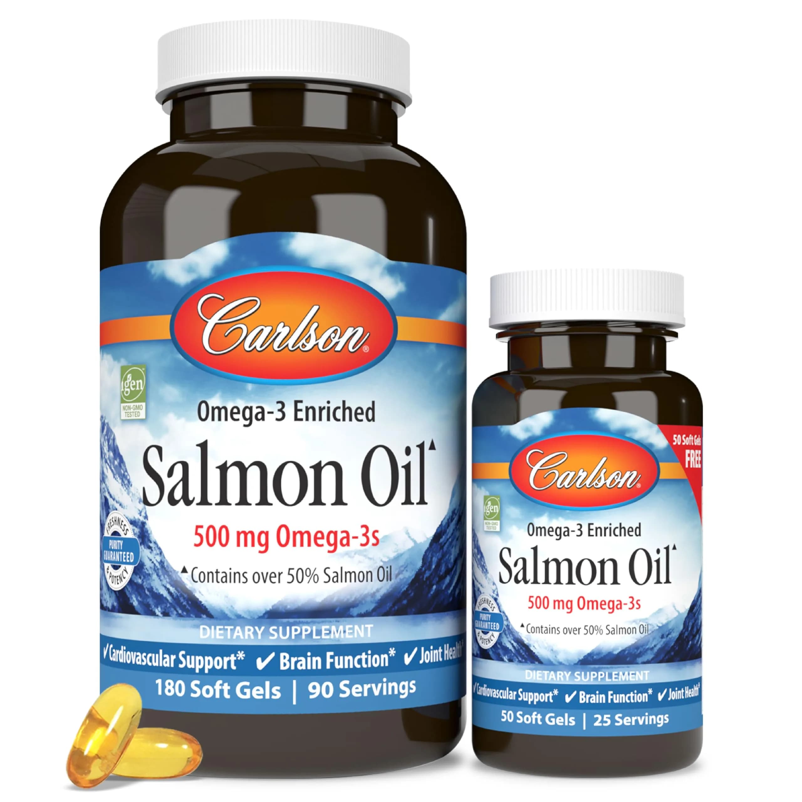 Carlson Salmon Oil 500 mg | Omega-3s for Heart, Brain & Joints | 180 + 50 Softgels - main product image