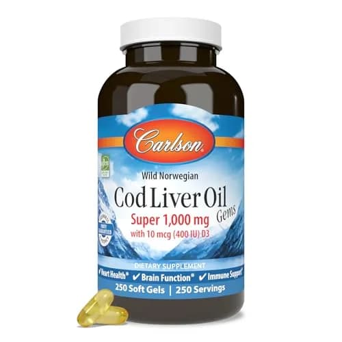 Carlson Cod Liver Oil Gems, Super 1000 mg, 250 mg Omega-3s, 250 Softgels | Heart, Brain & Vision Support thumbnail 1
