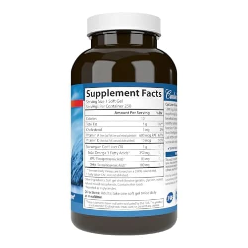 Carlson Cod Liver Oil Gems, Super 1000 mg, 250 mg Omega-3s, 250 Softgels | Heart, Brain & Vision Support thumbnail 2