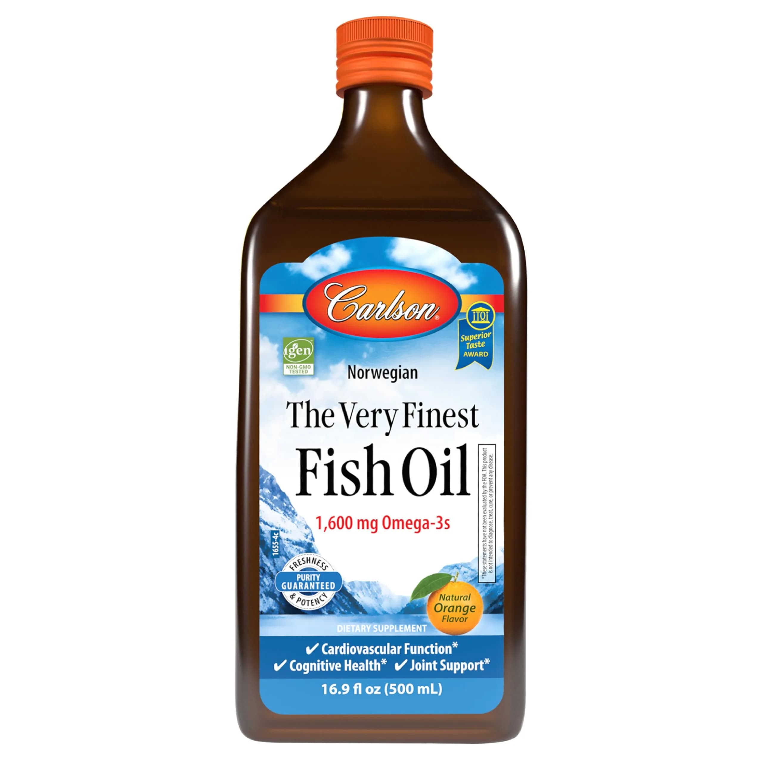 Carlson The Very Finest Fish Oil Liquid 500ml (16.9 Fl Oz) | 1600mg Omega-3s for Heart, Brain, Joints — Orange / 16.9 Fl Oz