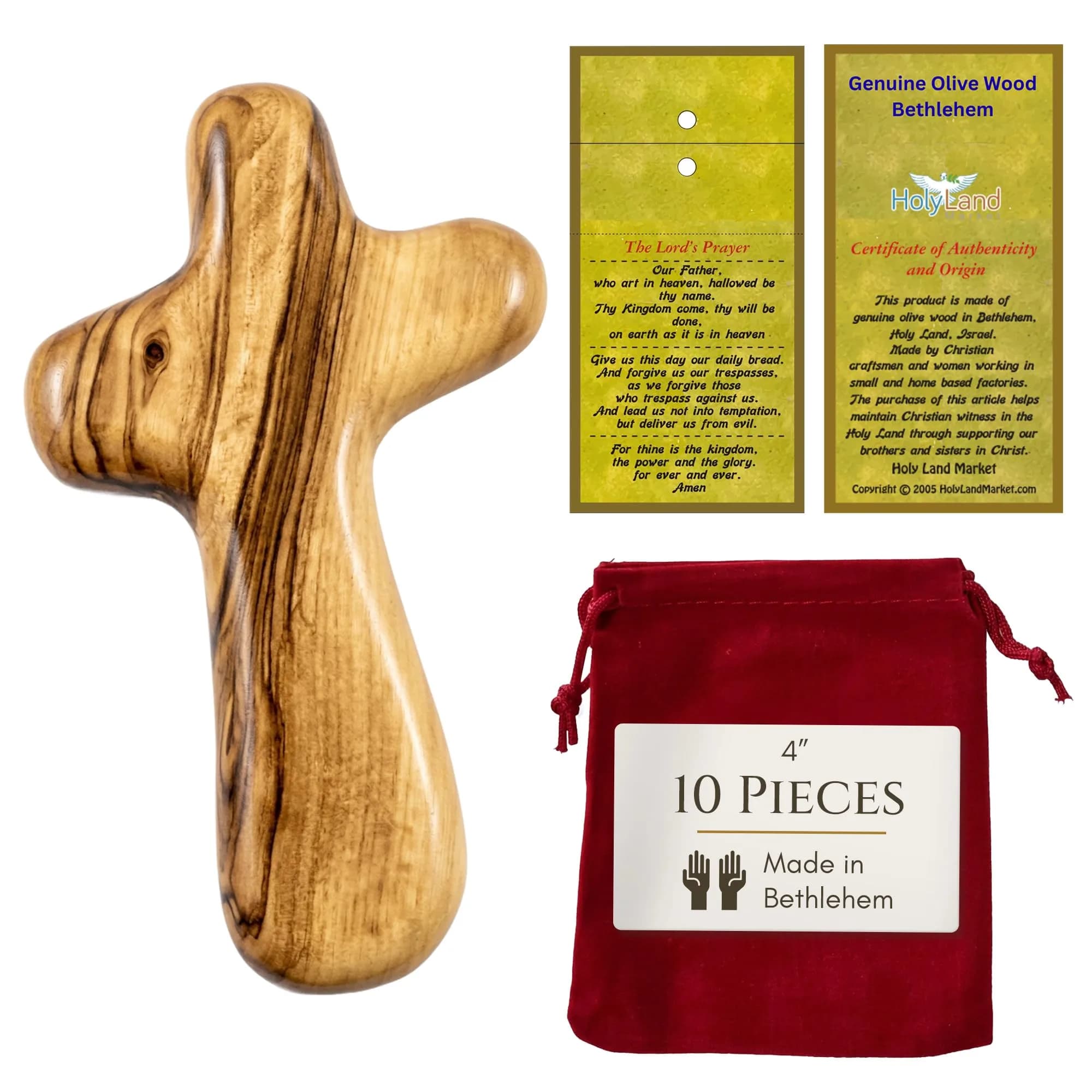 Holy Land Market Olive Wood Comfort Cross 4 Inch | Handcrafted Bethlehem Faith Symbol