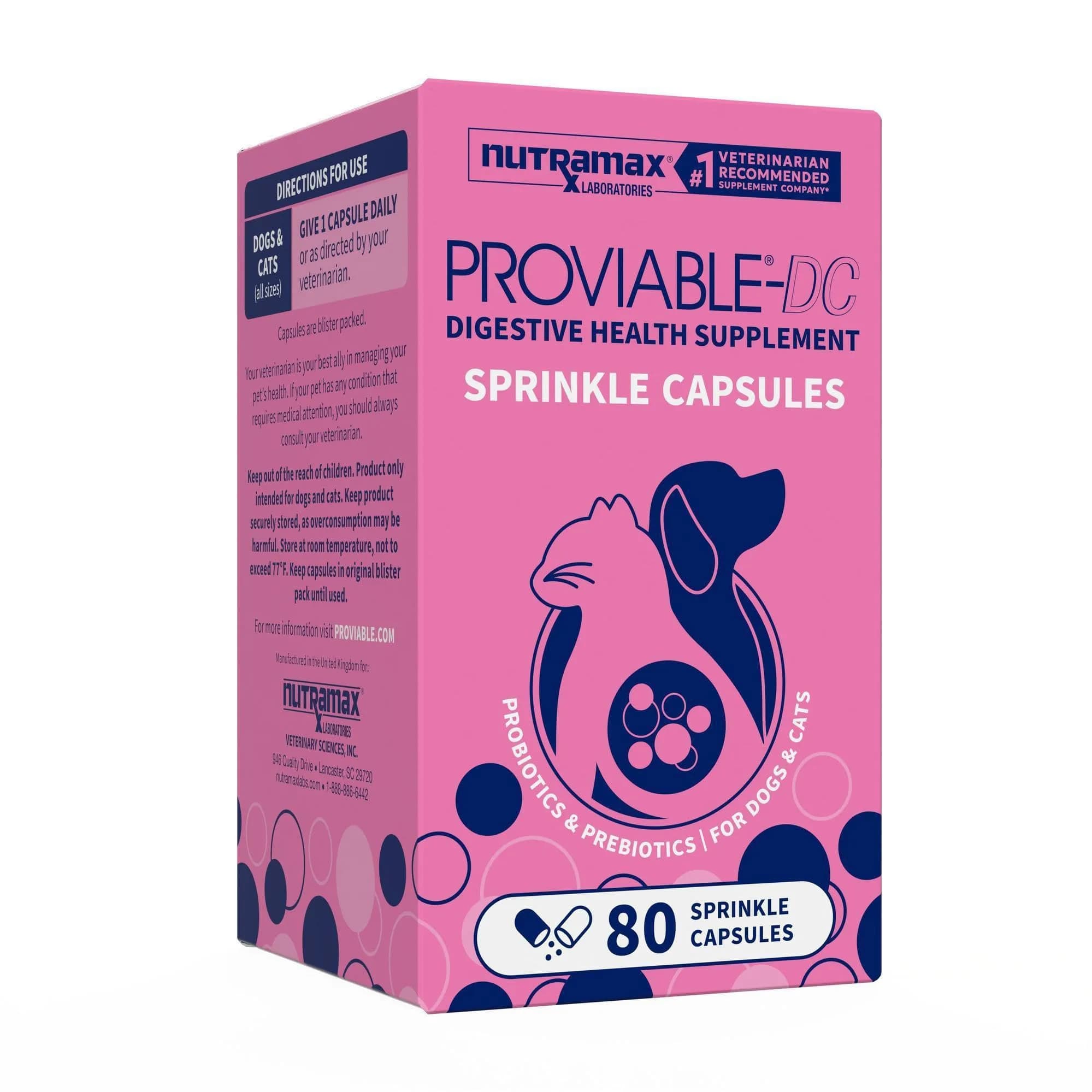 Nutramax Proviable Probiotics + Prebiotics for Dogs & Cats, Capsules, 80ct | Supports Gut Balance & Digestive Health