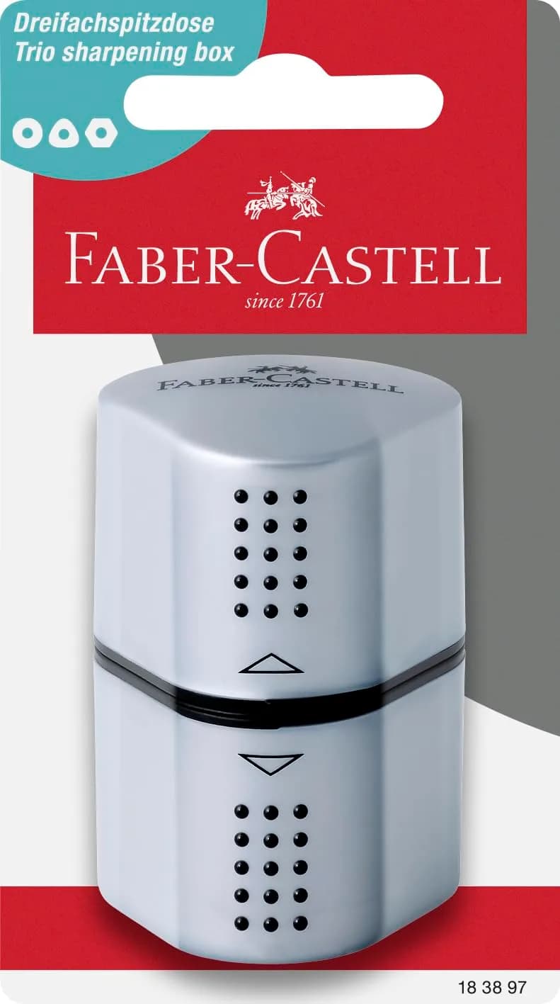 Faber-Castell Grip Trio Pencil Sharpener: Silver, 1 Unit | 3-in-1 Ergonomic Design for All Pencils — Gray