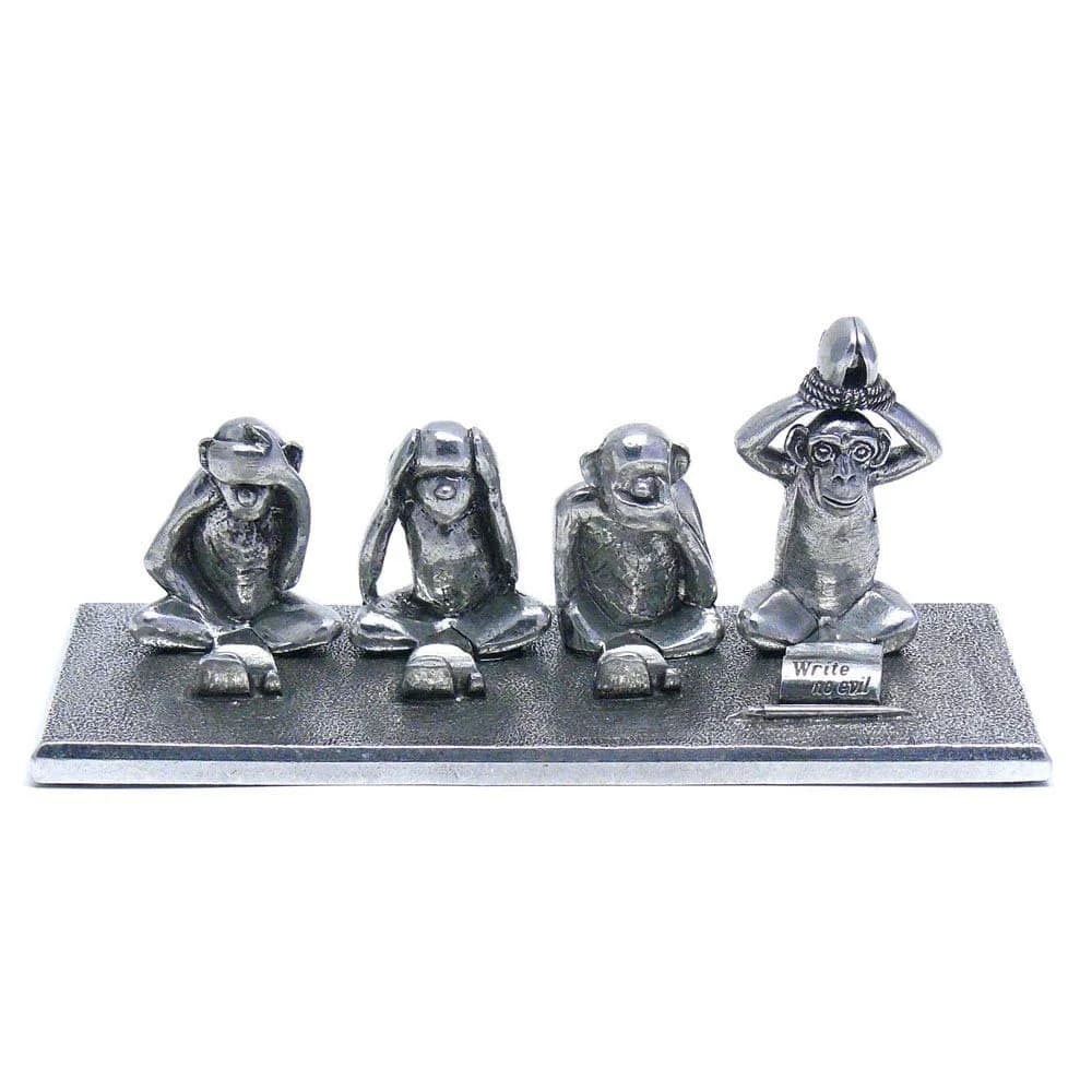 Jac Zagoory Write No Evil 4 Monkeys Pewter Pen Stand 15.7cm (6 inches) | Hand-Finished USA Artistry — Pewter