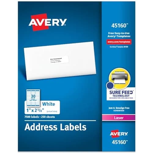 Avery Easy Peel Printable Address Labels 1" x 2-5/8" White 7,500 Labels | Sure Feed Technology for Laser Printers thumbnail 1
