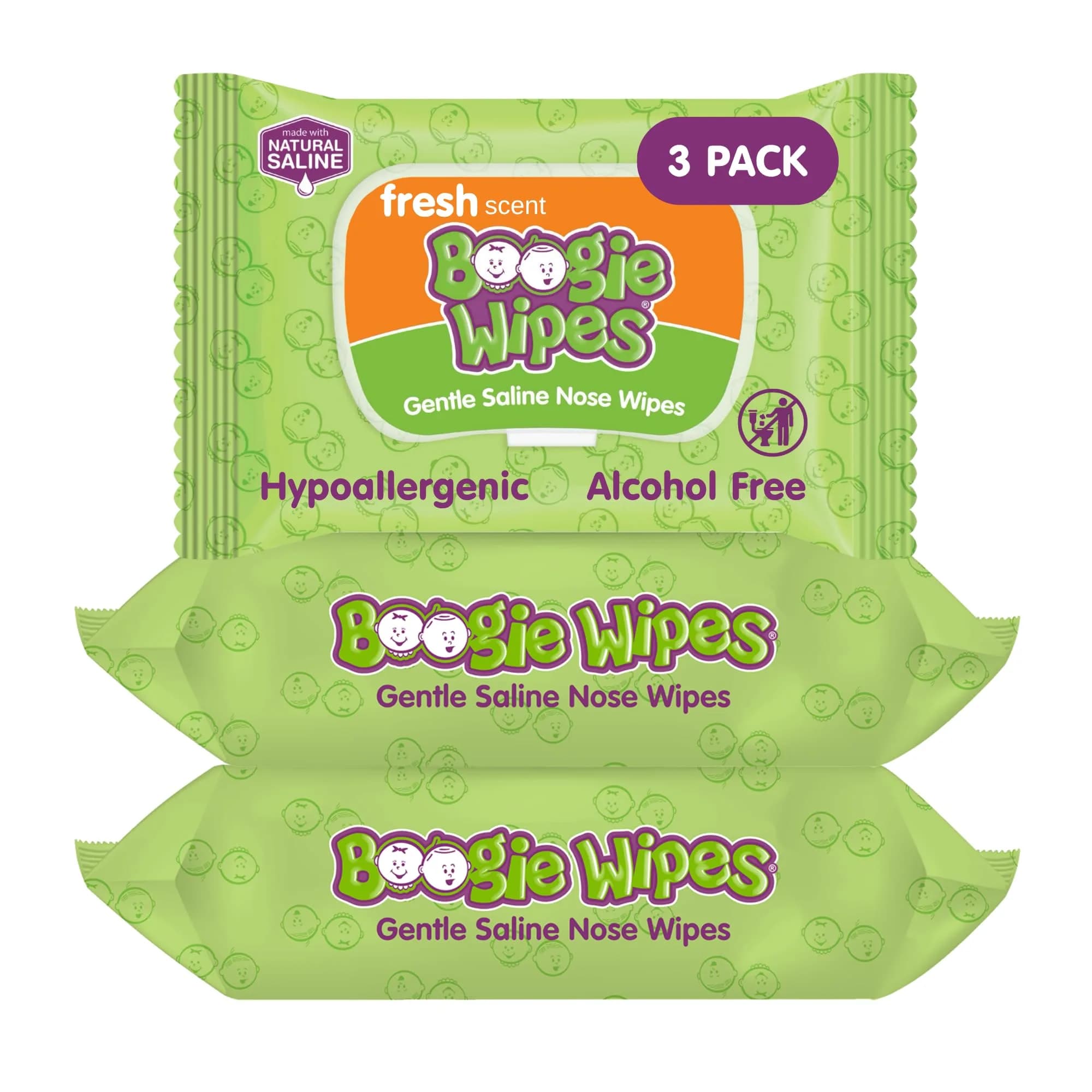 Boogie Gentle Saline Nose Wipes Fresh Scent | Hypoallergenic & Alcohol-Free for Babies & Kids (30 Count Pack of 3) - main product image