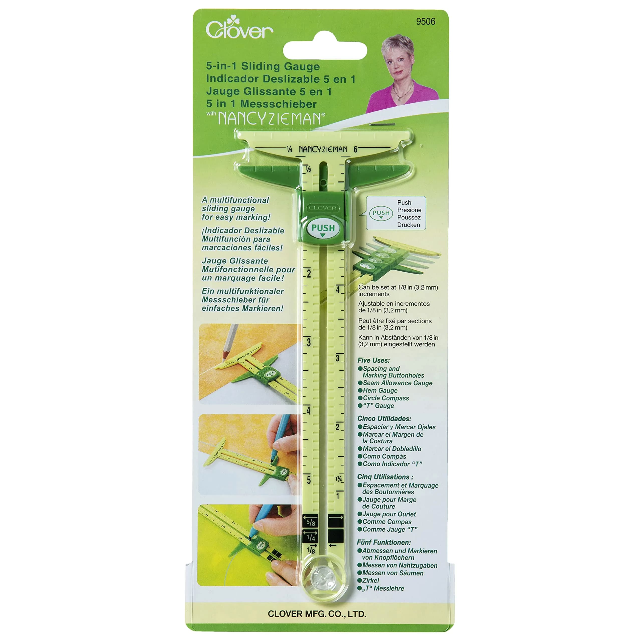 Clover 9506 5 in 1 Sliding Gauge with Nancy Zieman | Sewing & Craft Tool Adjustable 9.13 x 4 in