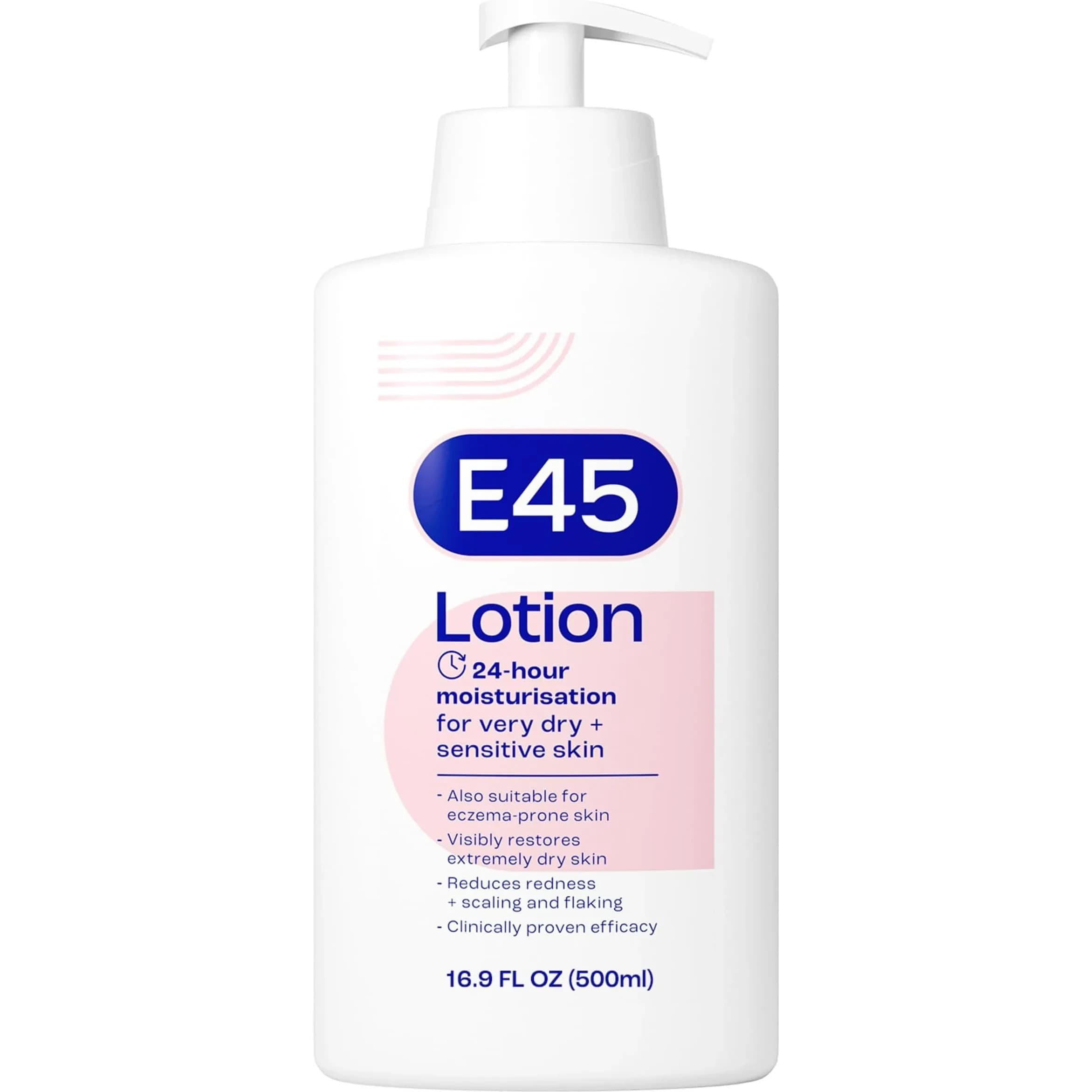 E45 Moisturising Lotion for Sensitive Skin, Fragrance-Free, 500 ml (16.9 fl oz) | Dermatologically Tested for 24-Hour Hydration — Black Faux Leather