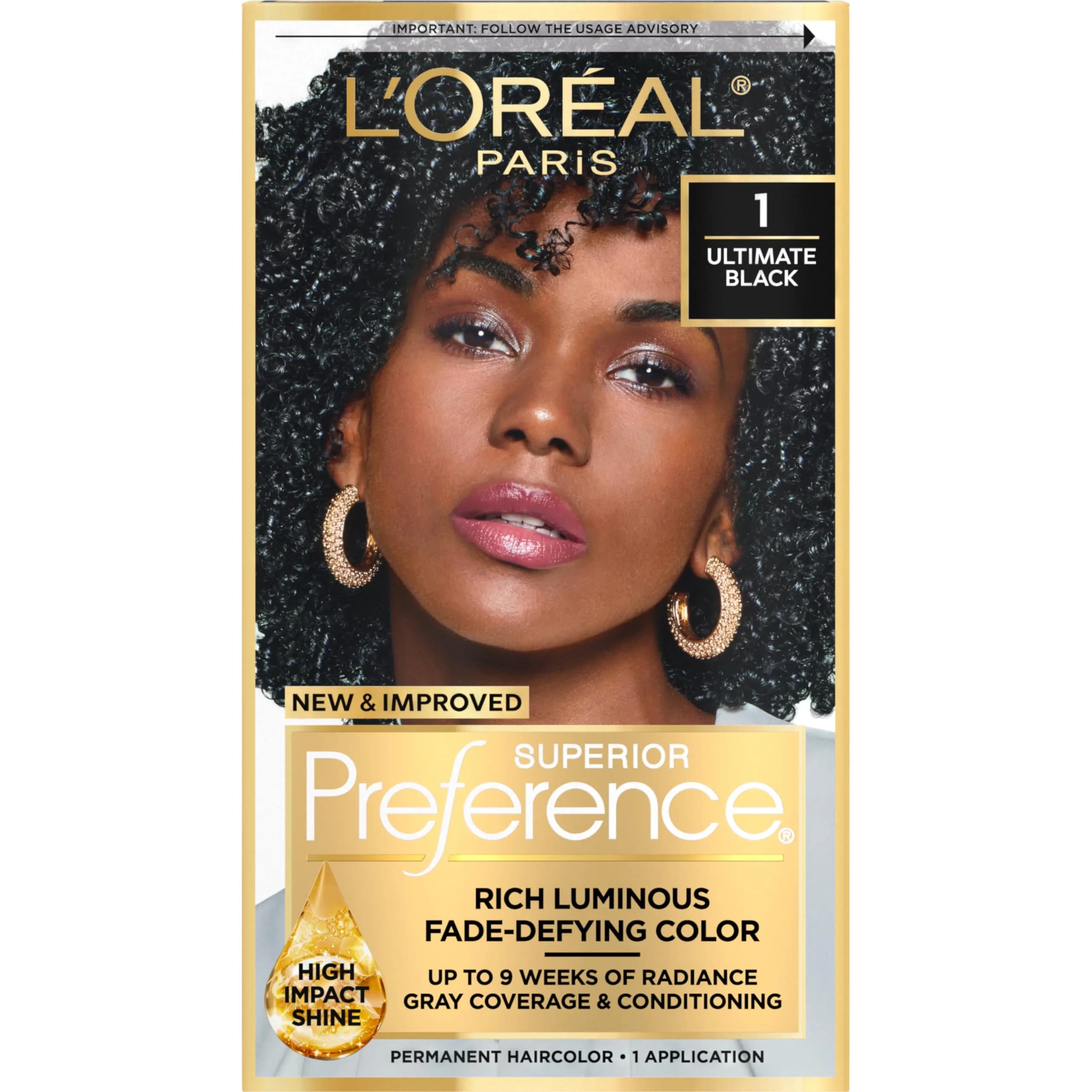 L'Oreal Paris Superior Preference Permanent Hair Color, Ultimate Black 1, 3.38ml (0.11 Fl Oz) | Fade-Defying Radiance for Up to 9 Weeks